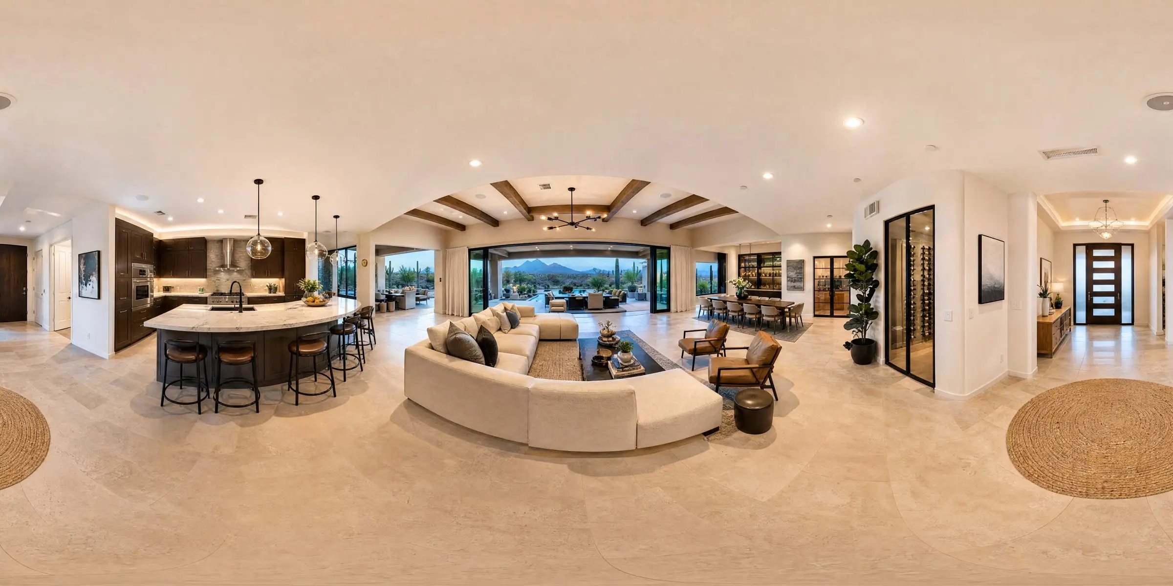 360° panorama of a modern open-plan living room and kitchen