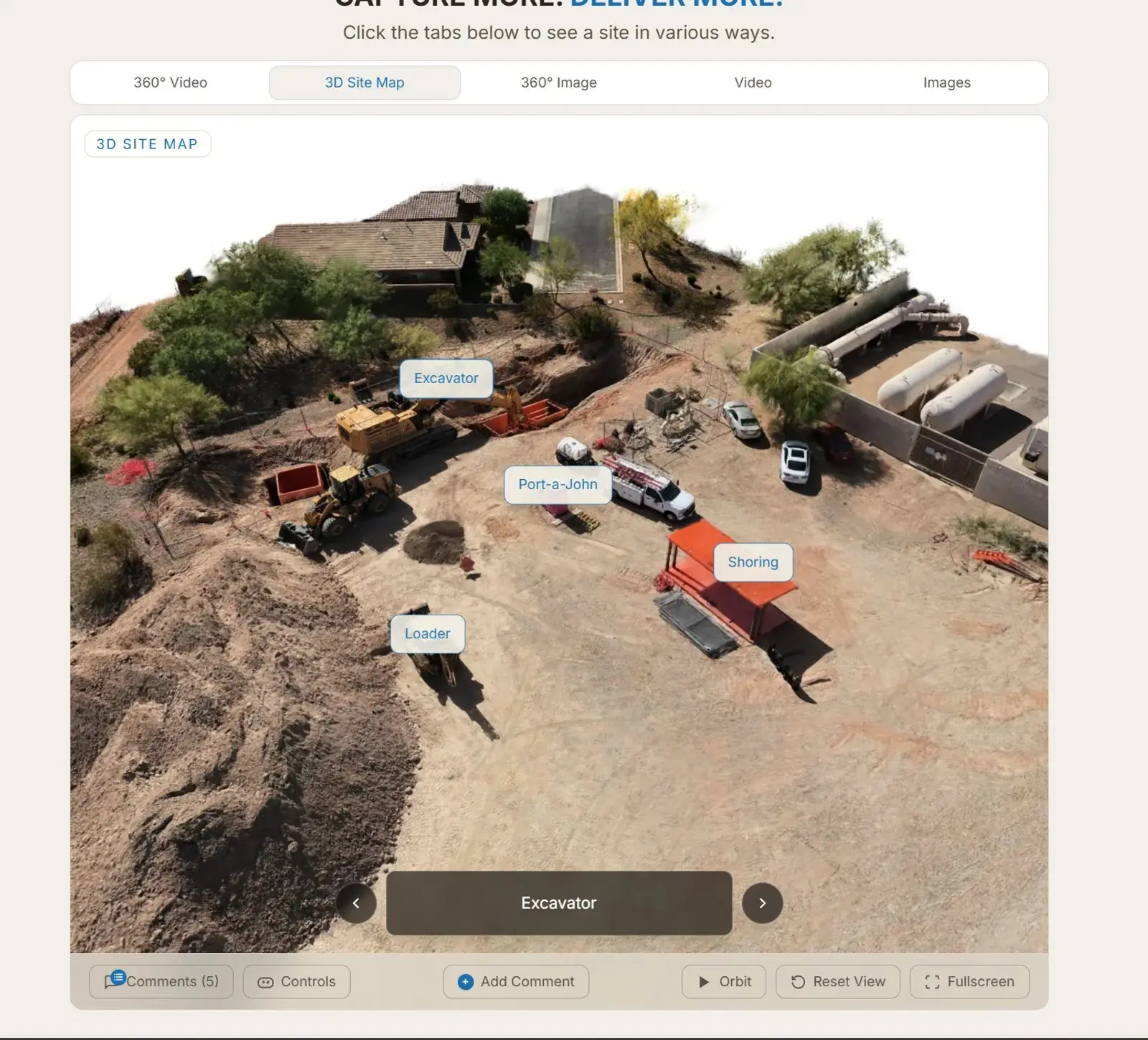 A 3D site map of a construction site in the SiteLens360 viewer, with labeled equipment